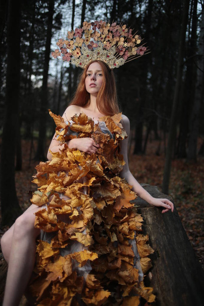 Fashion Autumn model, Fall Leaves Dress, Beauty Girl - Fotoğraf, Görsel