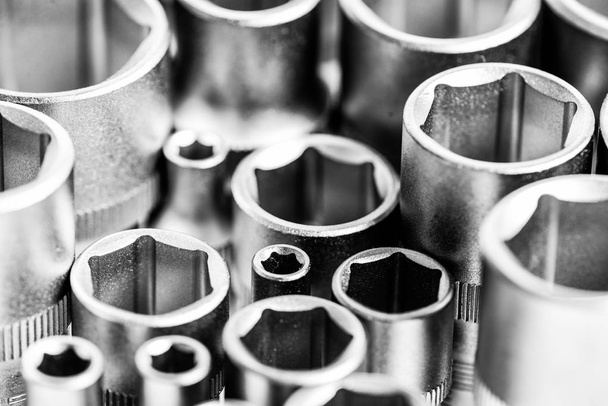 metallized background of socket wrench. perfect tool kit. Chrome Vanadium Steel. metallized fix equipment. socket wrench. King Mechanic. pro set of tools - Foto, Imagem