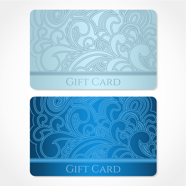 Blue, turquoise gift card (discount card, business card) with floral (scroll, swirl) pattern (tracery). Background design for gift coupon, voucher, invitation, ticket etc. Vector - ベクター画像