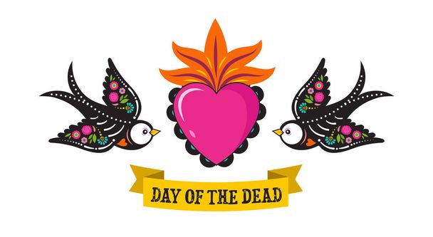 Ημέρα των νεκρών, Dia de Los moertos, πουλιά κρανία και σκελετός διακοσμημένο με πολύχρωμα μεξικάνικα στοιχεία και λουλούδια. Γιορτή, Απόκριες, αφίσα διακοπών, Φέιγ βολάν για πάρτι. Απεικόνιση διανυσματικών φορέων - Διάνυσμα, εικόνα