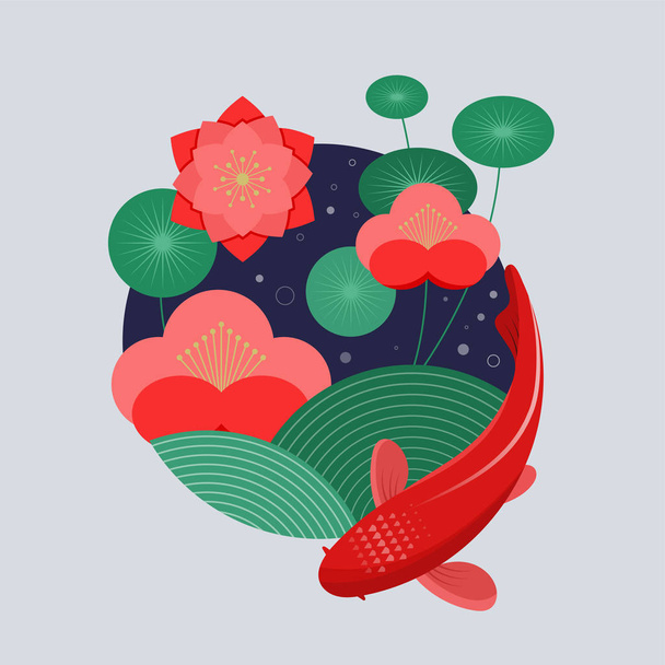 Рыба кои, красный карп и цветы. Шаблон векторной иллюстрации - Вектор,изображение