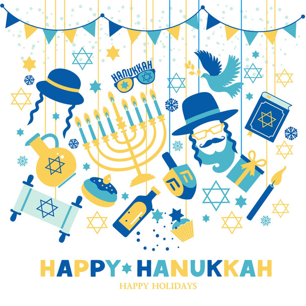 Jewish holiday Hanukkah greeting card and invitation traditional Chanukah symbols -dreidels spinning top, donuts, menorah candles, oil jar, star David illustration. - Vecteur, image