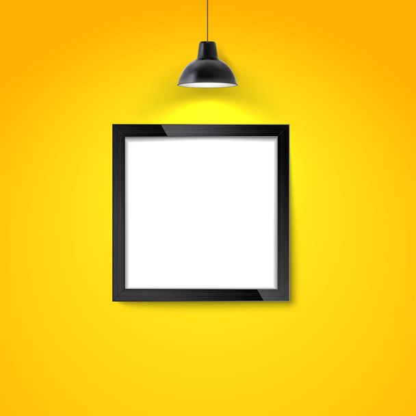 Картина рамка на желтой стене с висящей лампой. Пустой фотокадр или шаблон плаката. Фотогалерея макет
. - Вектор,изображение