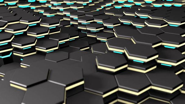Abstract 3D surface background of many glowing hexagons. 3D rendering, futuristic design, illustration with background blur. Image for desktop background, screensavers for phones and tablets. - Photo, Image