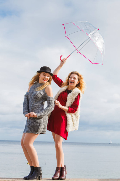 Two fashionable women and umbrella - Foto, afbeelding