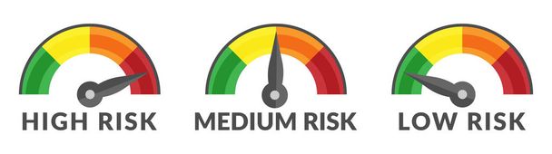 リスクゲージスケール測定高、中、低リスクスピードメーターアイコンを緑から赤に分離  - ベクター画像