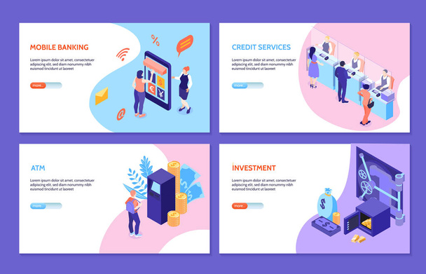 Bank Services Isometric Horizontal Banners - Vector, Image