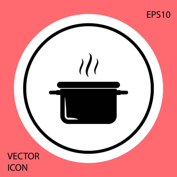 Zwarte kookpot icoon geïsoleerd op rode achtergrond. Kook of stoofpot voedsel symbool. Witte cirkel knop. Vector illustratie - Vector, afbeelding