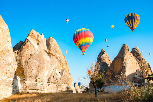 Colorful hot air balloons flying over at fairy chimneys in Nevsehir, Goreme, Cappadocia Turkey. Hot air balloon flight at spectacular Cappadocia Turkey. - Fotoğraf, Görsel