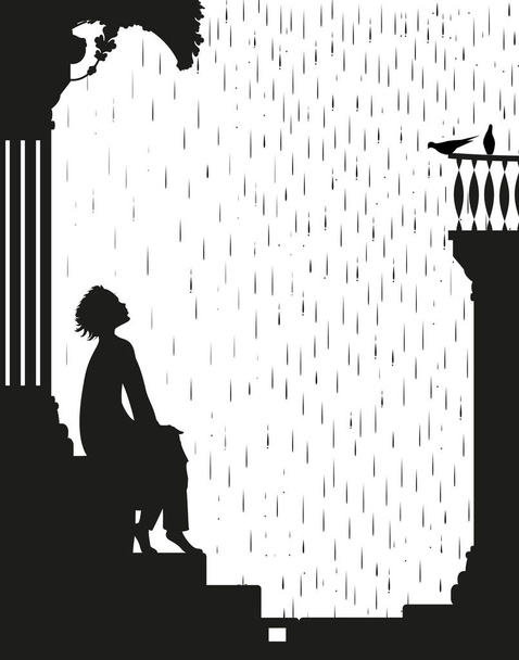 dream under the rain, boy is sitting on the stairs and looking at the rain and pigeons, shadows, black and white story, - Vettoriali, immagini