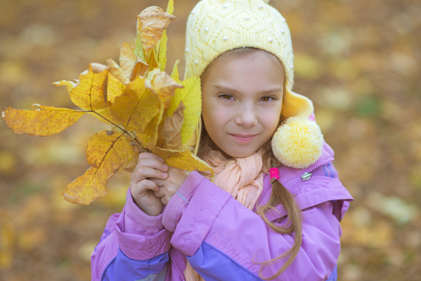 маленька дівчинка в жовтому пальто збирає жовте кленове листя
 - Фото, зображення