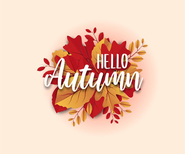 Hello Autumn reklam başlığı veya afiş tasarımı için soyut renkli yaprakları dekore arka plan. Kağıt kesme sanat tasarımı. Vektör İllüstrasyonu. - Vektör, Görsel