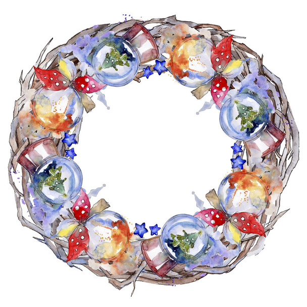 Christmas winter holiday symbol isolated. Watercolor background illustration set. Frame border ornament square. - Photo, Image