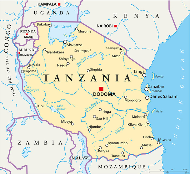 mapa político da tanzânia - Vetor, Imagem