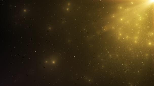 Abstraktní pozadí jiskřících zlatých prachových částic a paprsků světla na izolované černé pozadí. Bezešvá smyčka 3D animace dynamických částic větru ve vzduchu s bokehem - Záběry, video