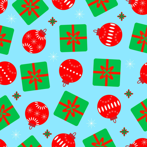 青い背景に贈り物とクリスマスボールやボックスのシームレスなクリスマスパターン、テキスタイルや紙のための装飾. - ベクター画像