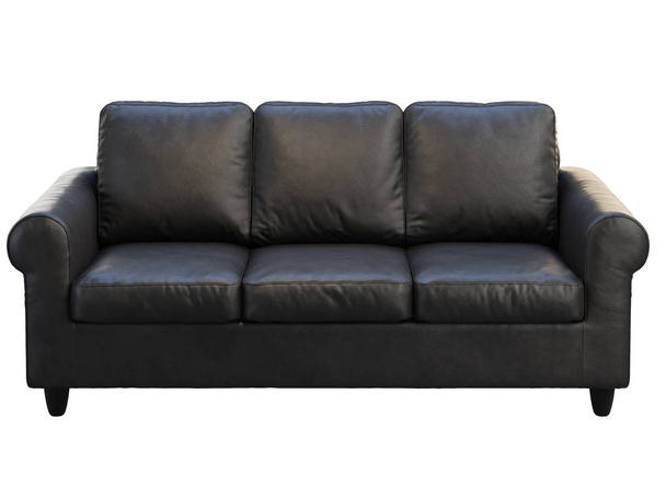 Modern siyah üç koltuklu deri kanepe. 3d render - Fotoğraf, Görsel