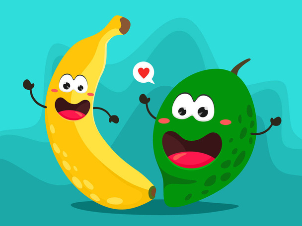 Funny banana and mango in cartoon style. Bright vector illustration with fruits. - Vector, Image