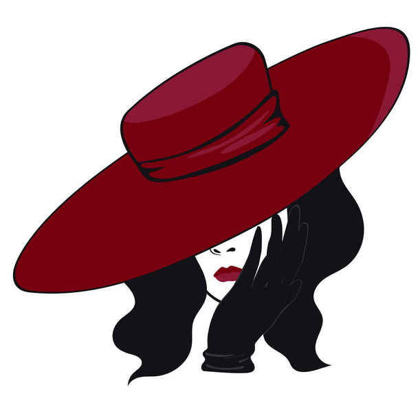 白い背景に隔離された黒と赤の色の帽子をかぶった女性。ベクトルグラフィックス - ベクター画像