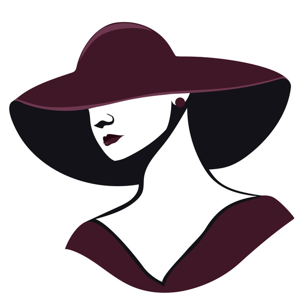 Frau mit Hut in schwarz-roten Farben isoliert auf weißem Hintergrund. Vektorgrafik - Vektor, Bild