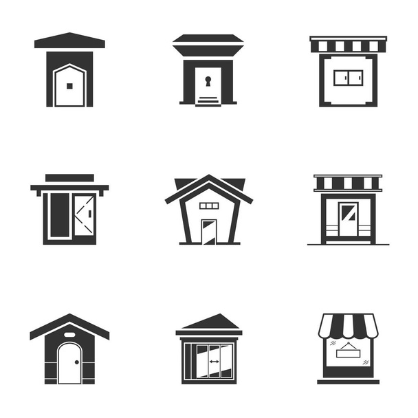 Set van zwart-wit Bungalow pictogram. Monochroom winkel gebouw. Huis moderne stijl, vector illustratie - Vector, afbeelding
