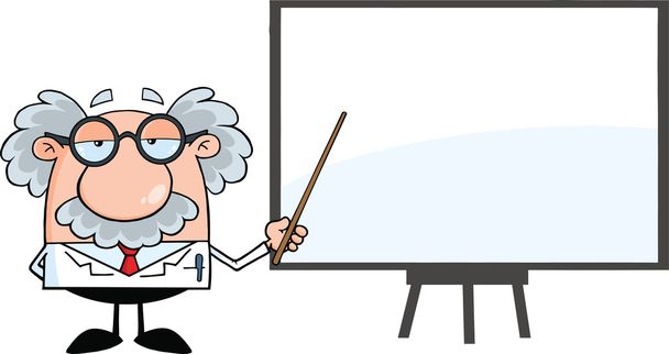 Científico divertido o profesor con puntero presentando en un tablero
 - Foto, imagen