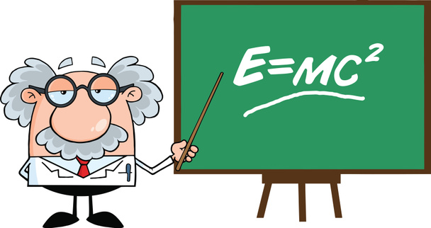 śmieszne naukowiec i profesor ze wskaźnikiem przedstawienie wzoru Einsteina - Zdjęcie, obraz