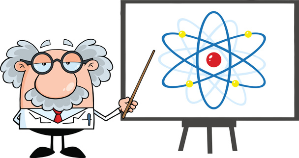 Scientifique drôle ou professeur avec pointeur présentant un diagramme atome
 - Photo, image