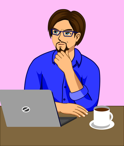 A man who is thinking while working at a desk with a laptop and a coffee cup. - Vector, Image