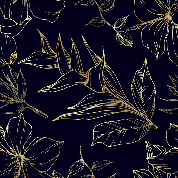 Vector Tropical flowers and leaves isolated. Black and white engraved ink art. Seamless background pattern. - Vektor, Bild
