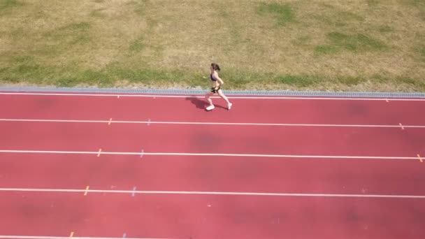 4k anténa. Ženská bruneta běží na stadionu, na boční, vrcholní pohled. Zdravý život  - Záběry, video