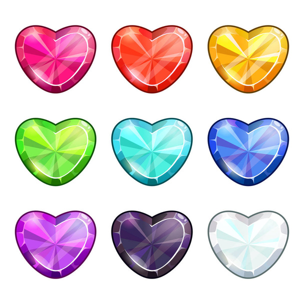 Love symbols. Set of cartoon crystal hearts. Beautiful assets for game design. - Вектор,изображение
