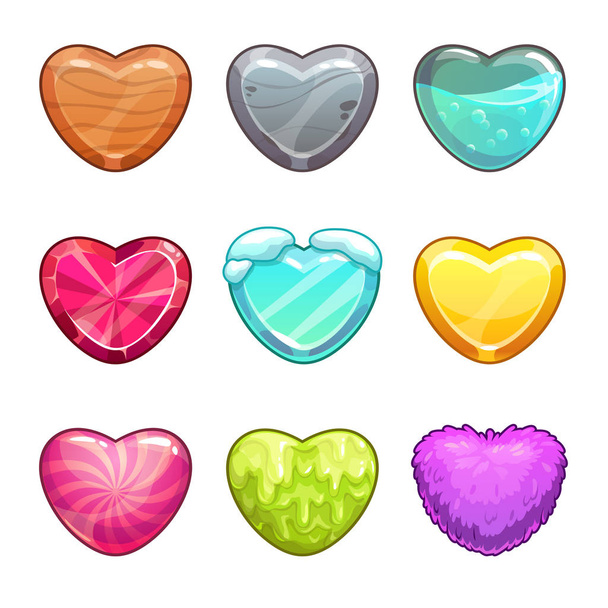 Game assets set. Cartoon heart made from different materials. - Vector, afbeelding