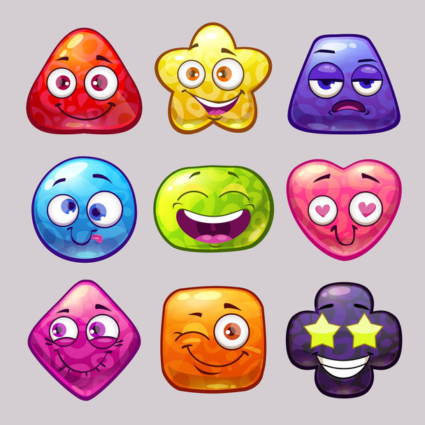 Grappige cartoon kleurrijke glanzende shapes karakters. Comic assets voor game design. - Vector, afbeelding