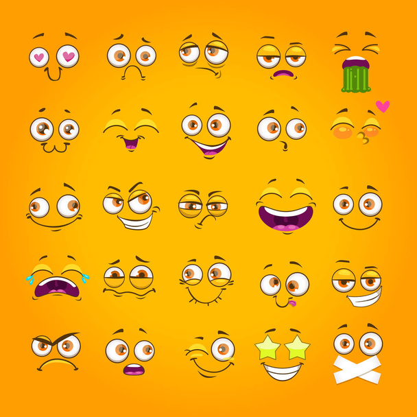 Humorous emoji set. Emoticon face collection. Funny cartoon comic faces on yellow background. - Vector, Image