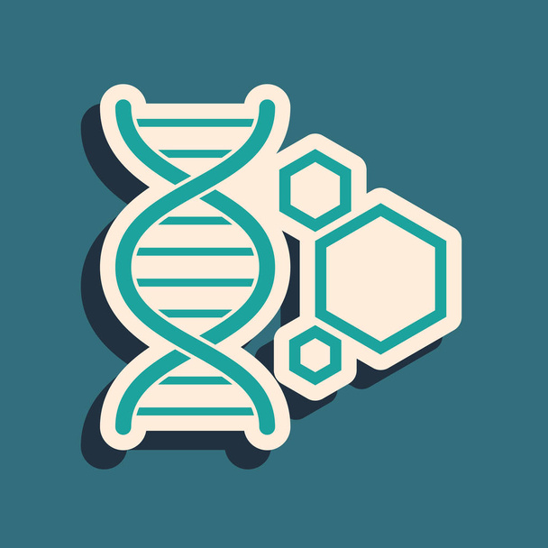 Icono de ingeniería genética verde aislado sobre fondo azul. Análisis de ADN, pruebas genéticas, clonación, pruebas de paternidad. Estilo de sombra larga. Ilustración vectorial
 - Vector, imagen
