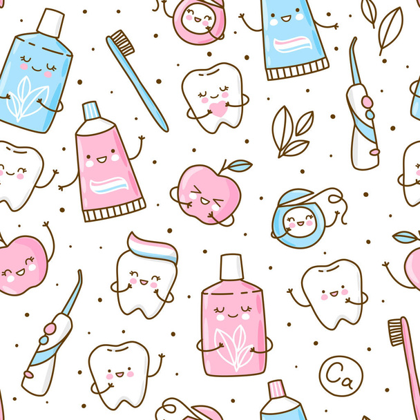 Seamless pattern with cute teeth and objects for dental care isolated on white background - Vector, Image