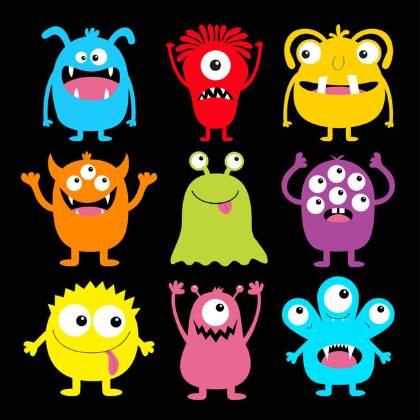 Cute monster colorful round silhouette icon set. Eyes, tongue, tooth fang, hands up. Cartoon kawaii scary funny baby character. Happy Halloween. Black background. Flat design. - Vector, Imagen