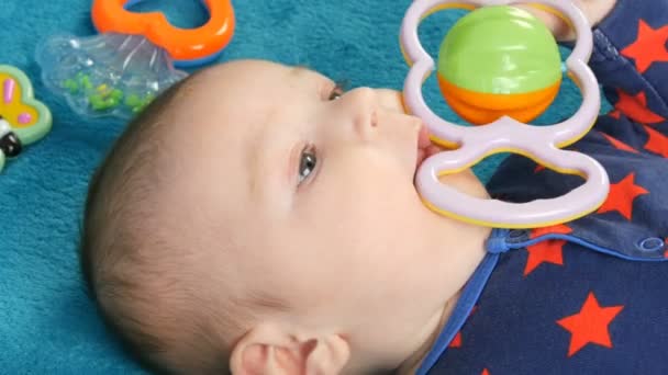 Πορτραίτο ενός όμορφου μικρού νεογέννητου μωρού δύο μηνών που βρίσκεται σε ένα μπλε κάλυμμα που περιβάλλεται από κουδουνίσματα μωρών - Πλάνα, βίντεο