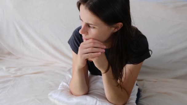 Desperate lady suffering anxiety attack at sitting alone at home, feeling helpless, heartbroken frustrated lonely girl having psychological trauma problem troubled with pregnancy - Imágenes, Vídeo