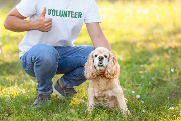 Mannelijke vrijwilliger met schattige hond buitenshuis - Foto, afbeelding
