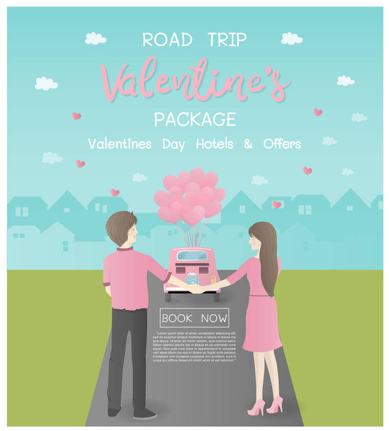 Valentine's day concept for travel advertising, Road trip tour package with lovely couple standing behind a pink vintage car with heart balloons. City on the background. Flat style vector illustration - Vector, Image