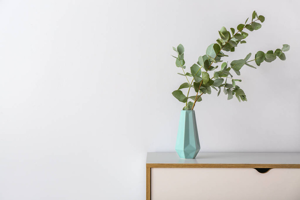 Chest of drawers with eucalyptus branches in vase near light wall - Photo, Image