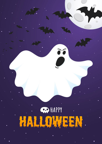 Happy Halloween text postcard banner with ghost scary face - Vector, Image