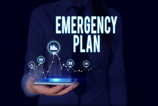 Text sign showing Emergency Plan. Conceptual photo procedures for handling sudden or unexpected situations Woman wear formal work suit presenting presentation using smart device. - Photo, Image