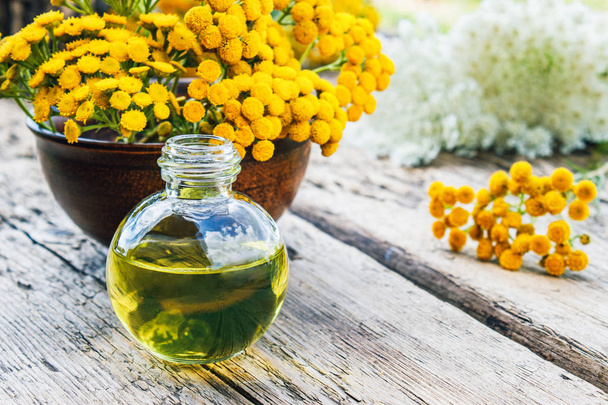 Tansy essential oil in a glass bottle on a wooden background near the yellow tansy and yarrow flowers. Tincture extract with medicinal tansy. Herbal medicine concept. - Photo, Image