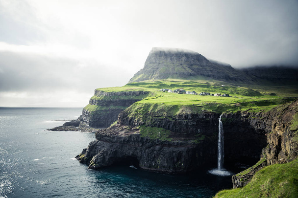 Gasadalur village and Beautiful waterfall. Vagar, Faroe Islands, - Photo, Image