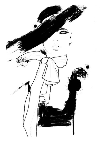Sketch fashion.Abstract simples pintura a preto e branco de belo modelo. Alta costura Clássica mulher. Ilustração de moda de menina bonito com olhos fumegantes
.  - Foto, Imagem
