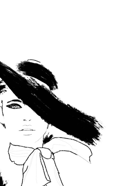 Náčrt módy. Abstraktní jednoduchá černobílá malba krásného modelu. Haute Couture klasická žena. Módní ilustrace rozkošné dívky se smokeymi očima.  - Fotografie, Obrázek