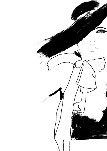 スケッチファッション。美しいモデルの抽象的なシンプルな白黒塗装。オートクチュールクラシック女性。スモーキーな目をしたかわいい女の子のファッションイラスト.  - 写真・画像